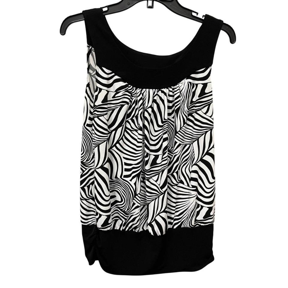 IZ Byer California Womens Medium Black White Abstract Swirl Bubble Hem Tank Top